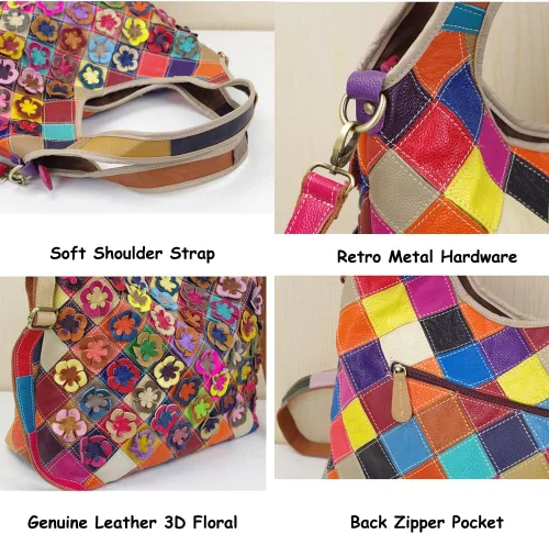 Vista 6 de Bolsos de cuero genuino para mujer, bolso de hombro de diseñador 3D floral hobo bolsas de mano bolso bandolera