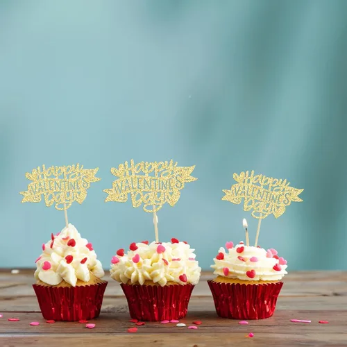 Vista 4 de Ephlyn 24 adornos para cupcakes con purpurina para el día de San Valentín, dulce amor, corazón, día de San Valentín, decoración para cupcakes