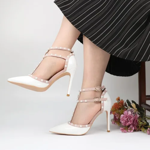 Vista 5 de Tacones con correa de tobillo para mujer, remaches redondos dorados, correa en T, sandalias de boda