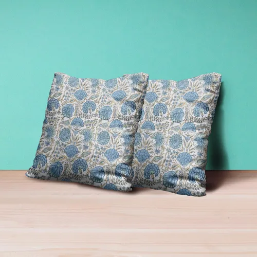 Vista 3 de Juego de 2 fundas de almohada florales bohemias de 16 x 16 pulgadas, fundas de almohada de lino con estampado de bloques azules estilo campestre
