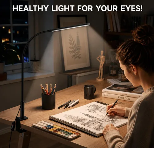 Vista 9 de Lámpara de escritorio con abrazadera para oficina en casa, 3 colores Negro (Black Pro)