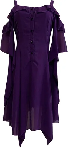 Vista 2 de ZEFOTIM Disfraz medieval para mujer, hombros descubiertos, mangas de murciélago, corsé con volantes, vestido de tubo gótico Cosplay 716