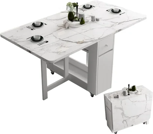 Vista 11 de FUNROLUX Drop Leaf Folding Dining Table with Storage, 2 Drawers, Grey Gris
