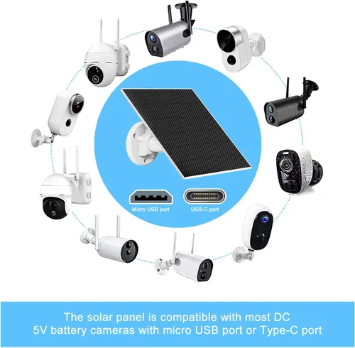 Vista 3 de DCT Panel solar para cámara de seguridad, 5 W con puerto micro USB y tipo C, IP65 impermeable al aire libre DC 5 V batería recargable 360° soporte