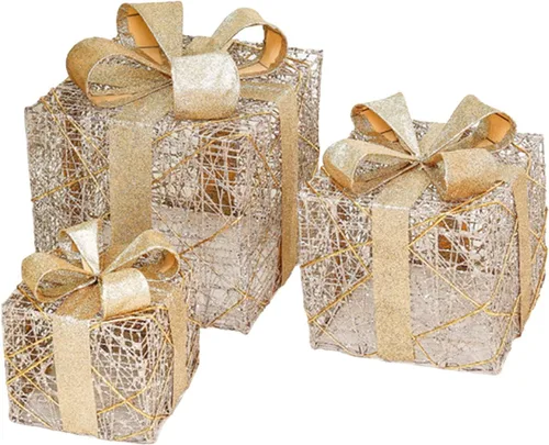 Vista 10 de Juego de 3 cajas de regalo iluminadas de Navidad, cajas de regalo iluminadas de Navidad con lazo, cajas de regalo preiluminadas, cajas de Navidad