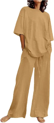 Vista 10 de Conjuntos de verano de 2 piezas para mujer, conjuntos elegantes y casuales de color liso, para verano, otoño, cuello redondo, tops y pantalones