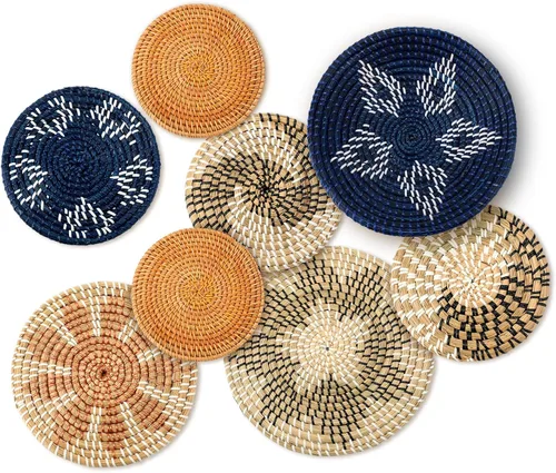 Vista 10 de Xuhal Juego de 8 cestas de pared colgantes tejidas, hechas a mano, decorativas, rústicas, estilo bohemio, cestas de pared artesanales de mimbre