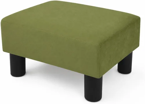 Vista 15 de Adeco Reposapiés otomano tapizado de lino de 15.4 pulgadas, pequeño taburete acolchado y asiento decorativo con patas de aspecto de madera, taburete