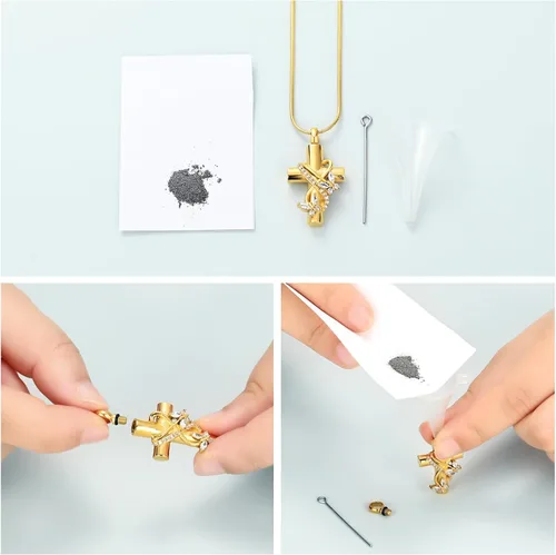 Vista 6 de Imrsanl Collar de urna de cruz de mariposa para cenizas, hombres y mujeres, joyería de cremación, colgante de cenizas para cenizas conmemorativas