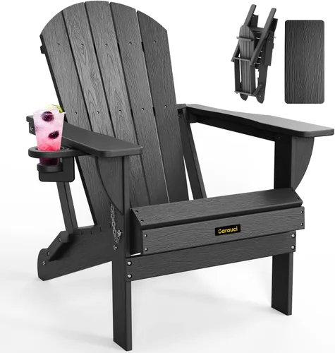 Vista 38 de Silla Adirondack Plegable, Sillas Adirondack de Plástico con Textura de Madera con 2 Portavasos, Silla para Hoguera de HDPE Resistente a