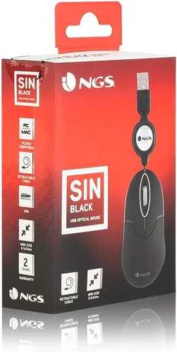 Vista 9 de NGS Sin - Ratón óptico con cable USB retráctil y rueda de desplazamiento, 1000 DPI - Negro