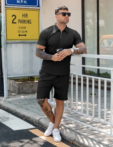 Vista 3 de URRU Conjunto de camisa polo y pantalones cortos para hombre, trajes de verano casuales de manga corta para hombre, conjunto de 2 piezas