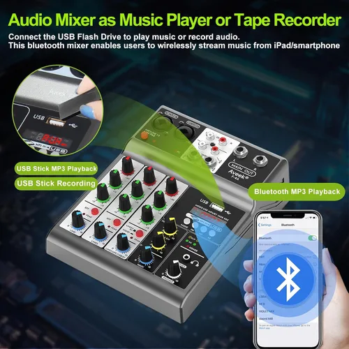 Vista 5 de Mezclador de audio profesional Aveek, consola de mezcla de placa de sonido con 4 canales digitales USB Bluetooth, efecto de eco y retardo, entrada