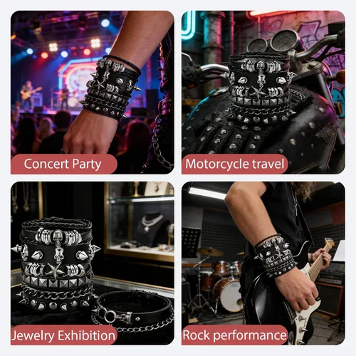 Vista 6 de Juego de 4 pulseras góticas para hombres y mujeres, pulseras de cuero con tachuelas punk rock, traje rockero de los años 80 para hombres y mujeres