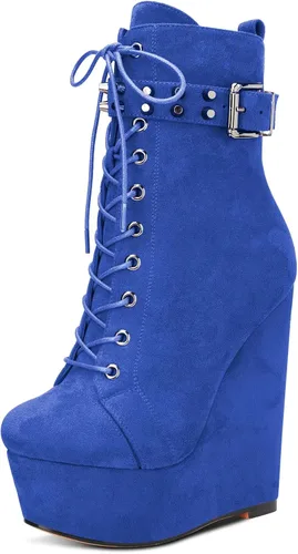 Vista 8 de HDEUOLM Botas de tobillo con tacón de plataforma de cuña alta para mujer, botines cortos con cordones y cremallera Negro