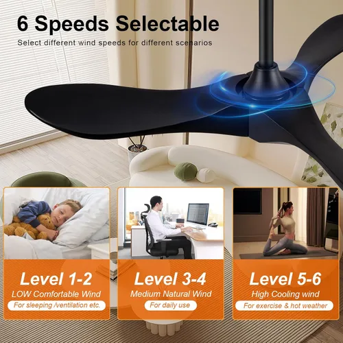 Vista 5 de Ventilador de techo negro de 36 pulgadas sin luz, ventilador de techo de madera maciza sin luz, motor CC reversible, 6 velocidades, silencioso negro