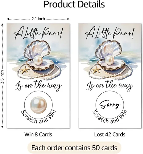 Vista 2 de TOUNER Juego de 50 piezas de A Little Pearl is On The Way Silver Scratch Off, revelar diseño de perlas, boletos de rifa temática de baby shower