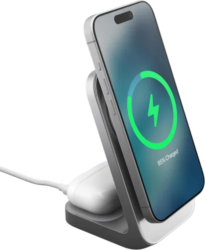 Vista 6 de NOMAD Stand One Silver, estación de carga MagSafe Qi2 de 25 W para iPhone y AirPods, soporte de cargador inalámbrico 2 en 1 con soporte de modo