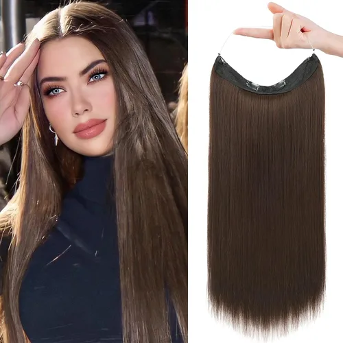 Vista 26 de REECHO - Extensiones de cabello con alambre invisible y con cintillo transparente, tamaño ajustable, clips seguros extraíbles, cabello lacio, diseño