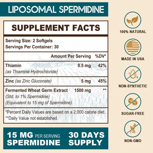 Vista 2 de Suplemento de espermidina de 15 mg – 99% de pureza, alta absorción, 1500 mg de extracto de germen de trigo fermentado con zinc y tiamina