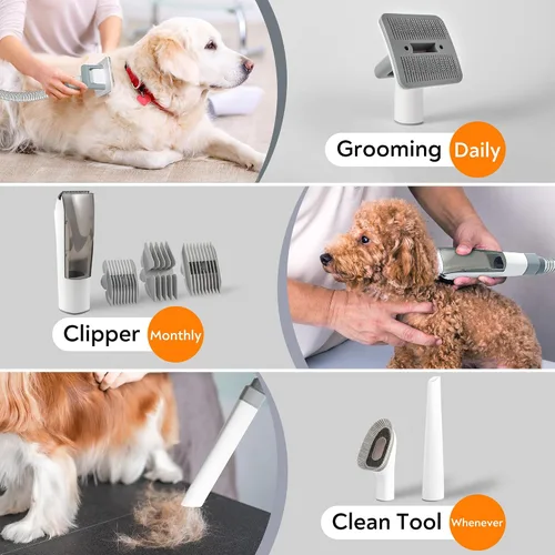 Vista 9 de Aspiradora de aseo para mascotas para perros y gatos, succión fuerte de 12 kPa, ≤ 50 dB silenciosa, taza de polvo de 2 litros, kit de aseo 5 en 1