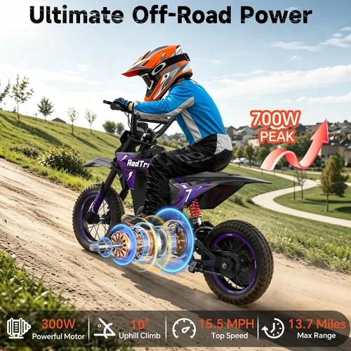 Vista 2 de Motocicleta eléctrica de 36 V para niños de 4 a 10, 700 W pico y máximo Morado