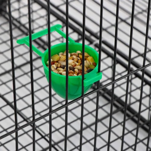 Vista 5 de 8 piezas mini pájaro loro alimentador plástico palomas pájaros jaula plato conveniente colgante contenedor