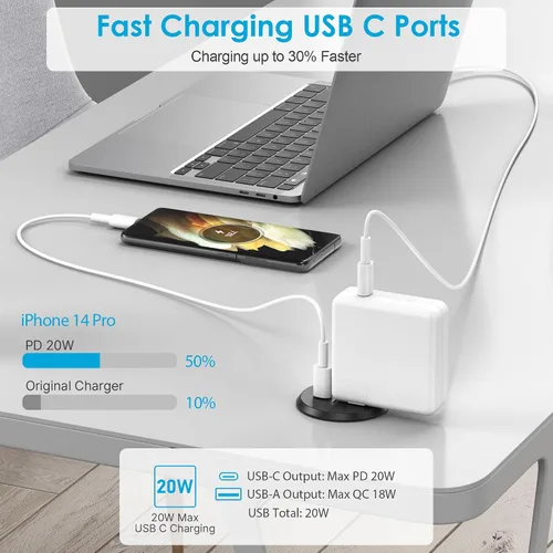 Vista 9 de Ojal de alimentación de escritorio, 2 pulgadas, estación de carga rápida USB C PD de 20 W, salida de alimentación empotrada con orificio