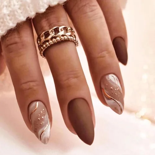 Vista 9 de Uñas postizas cortas de almendra a presión con punta francesa morada, uñas falsas ovaladas con diseños de ondas y diamantes de imitación, uñas