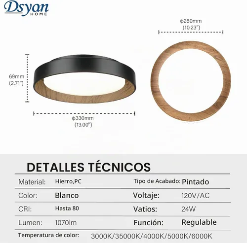 Vista 2 de Lámpara de techo empotrada con acento de madera, LED de 13 pulgadas, color negro, con veta de madera, 24 W, regulable 5CCT lámpara de techo