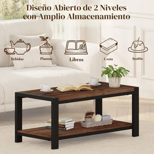 Vista 3 de BON AUGURE Mesa auxiliar para sala de estar, mesas industriales de madera y metal, mesa central rectangular de granja (roble rústico, 43 pulgadas)