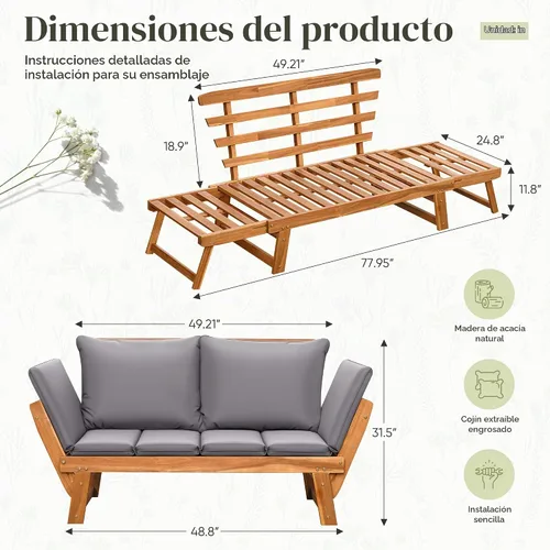 Vista 3 de Flamaker - Sofá biplaza para patio, madera de acacia y balcón (gris)