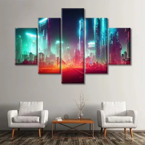 Vista 211 de Cuadros de 5 paneles de Cyberpunk City, arte de pared, representación de vallas publicitarias, edificios modernos en la capital con obras de arte