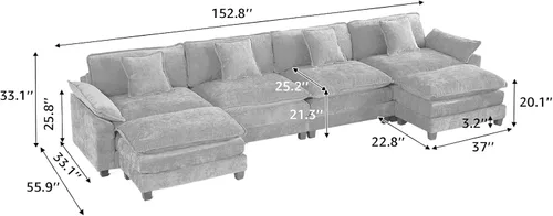 Vista 189 de Sofá seccional modular verde de 111.5", sofás seccionales grandes de 3 plazas para sala de estar, sofá nube oversized de tela chenille con otomana