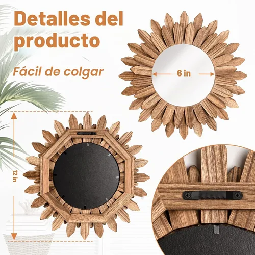 Vista 4 de Emfogo Espejo de Pared de 12 Pulgadas de Madera Rústica Sunburst Espejo Boho Decoración de Pared Decoración del Hogar para Dormitorio Sala de Estar