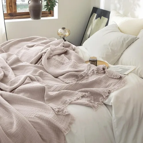 Vista 100 de FOSSA Manta de Muselina con Flecos - Gasa de Algodón 100% de 4 Capas Súper Suave y Transpirable - Manta Decorativa Ligera y Refrescante para Cama
