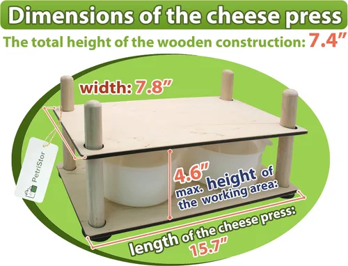 Vista 5 de Prensa de queso de madera para suministros de fabricación de queso, guías de madera de 16 pulgadas y molde de 2 quesos con pistón seguidor de 1.3