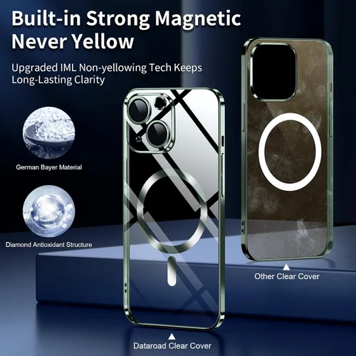Vista 5 de Dataroad - Funda magnética de titanio verde para iPhone 15, protección completa de la cámara [compatible con Magsafe] [No se pone amarillento]
