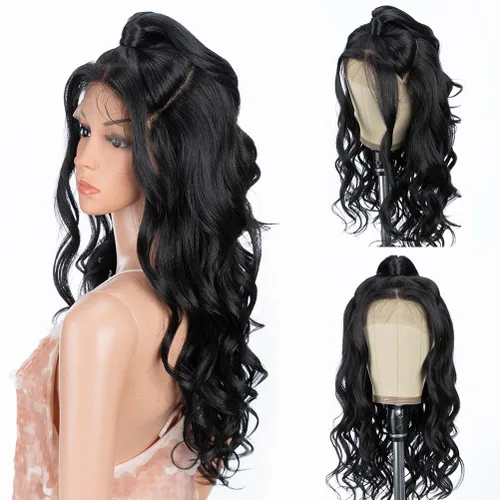 Vista 10 de Style Icon - Peluca de encaje frontal negra con parte libre, estilo U, de 24" de largo, ondulada con flequillo, sintética, resistente a altas 1