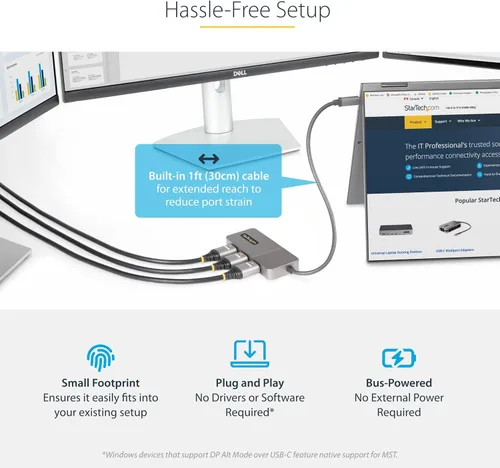 Vista 6 de StarTech USB-C a Triple HDMI MST Hub, 4K 60Hz, HDR, DSC, audio de 2 canales 3-port USB-C to HDMI splitter, Laptop display extender, HDCP 2.2, USB