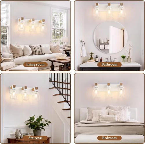 Vista 7 de Farmhouse 3-Light Wood Bathroom Vanity Light, White Metal Cage Shade