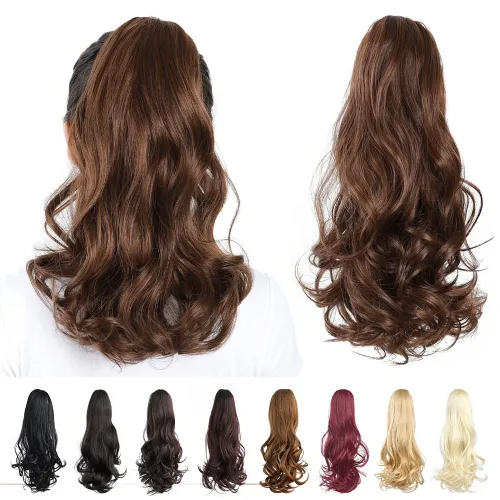 Vista 109 de Extensiones de cola de caballo, extensiones de cabello de cola de caballo con clip de garra marrón oscuro para mujer, pieza de cabello rizado