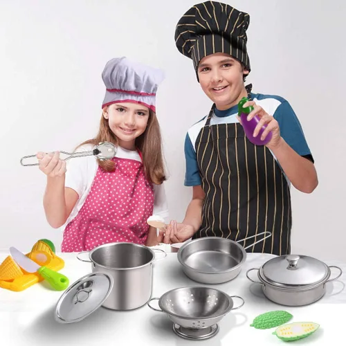 Vista 8 de Juboury Juego de juguetes de cocina con utensilios de cocina de acero inoxidable, utensilios de cocina, delantal y sombrero de chef, cortar verduras