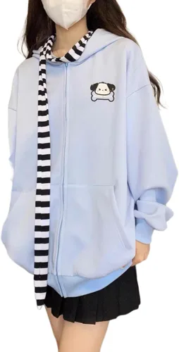 Vista 2 de Sudadera japonesa Kawaii con cremallera y orejas largas para mujer, suéter suelto casual con capucha para estudiante