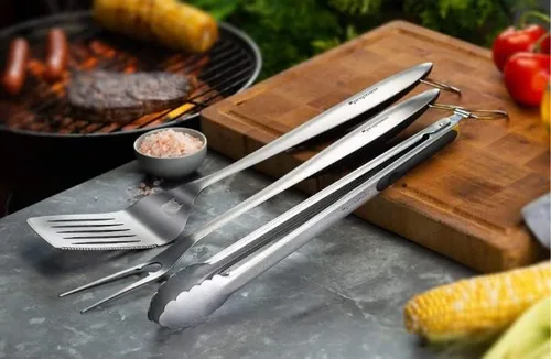 Vista 2 de Juego de 3 utensilios de barbacoa resistentes para parrilla, espátula, tenedor (3 piezas)