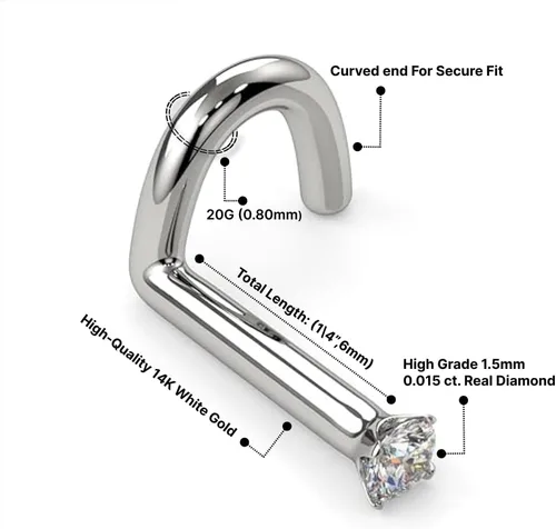 Vista 4 de FreshTrends Diamond Nose Ring – Genuine Diamond Nose Stud – 14K Real Gold Nose Ring Twist Screw – Made in USA