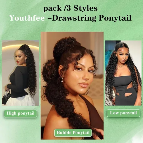 Vista 5 de Youthfee Cola de caballo con cordón para mujer, cola de caballo rizada profunda, sintética mezclada con cabello humano, negro natural, afro, rizado