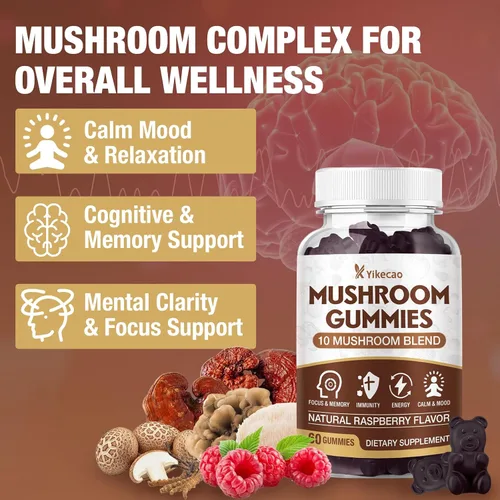 Vista 4 de Gomitas de hongos para adultos, suplemento de 10 mezclas de hongos con melena de león, cordyceps, reishi, chaga y cola de pavo para concentración