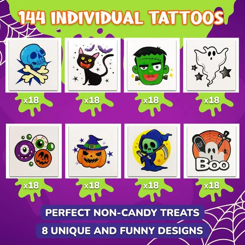 Vista 2 de ArtCreativity Tatuajes temporales individuales de Halloween para niños, paquete de 160 a 2 pulgadas, no tóxicos, para niños y niñas, ideal