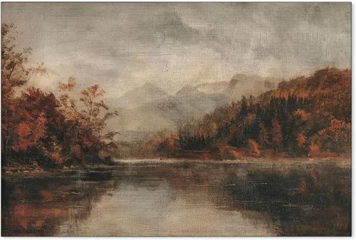 Vista 31 de Póster de paisaje campestre y lago, arte de pared de paisaje de naturaleza otoñal, 08 x 10 pulgadas, marco negro, pintura al óleo vintage de otoño